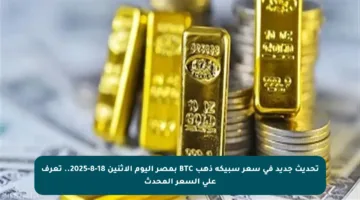 تحديث جديد في سعر سبيكة ذهب BTC بمصر اليوم الاثنين 18-8-2025.. تعرف على السعر المحدث